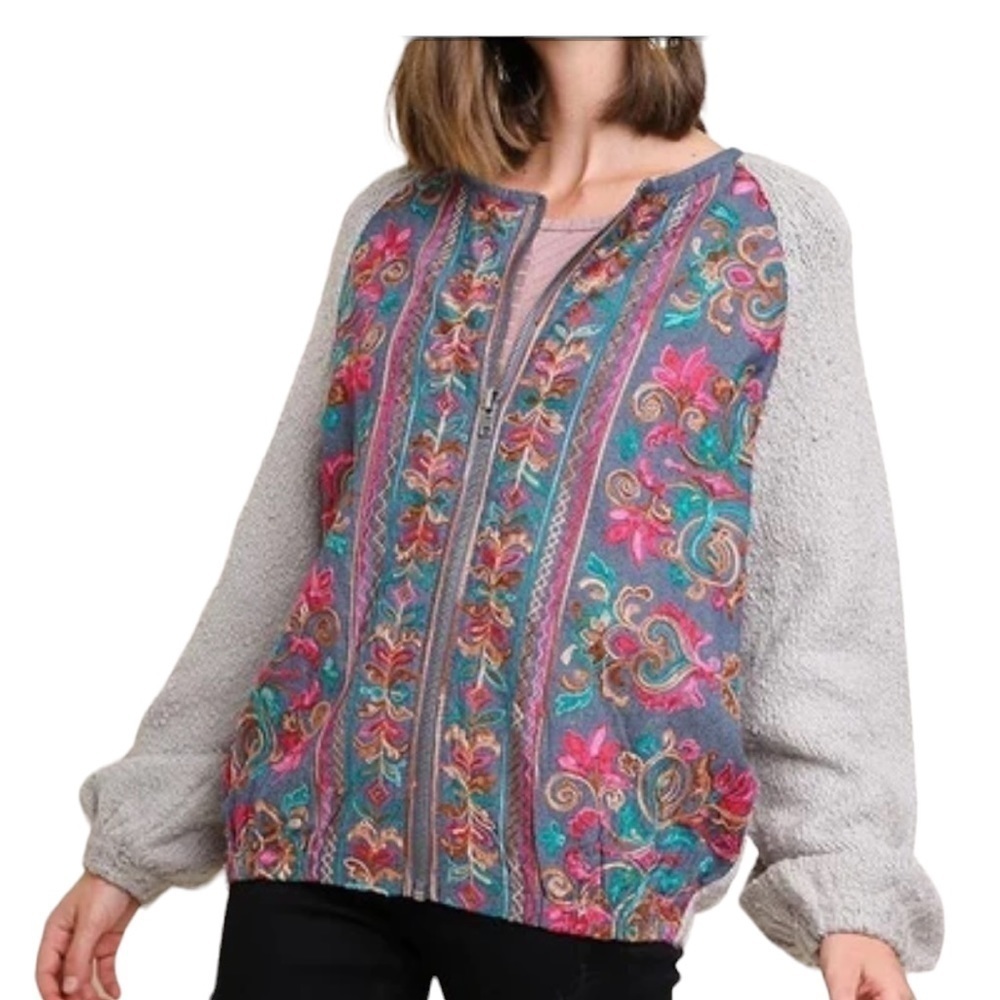 Umgee jacket embroidered zip up jacket knit boho cottagecore balloon sleeve